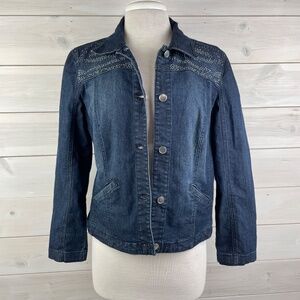 Platinum Chicos Womens Size Small Blue Denim Jacket Studded Back Detaining